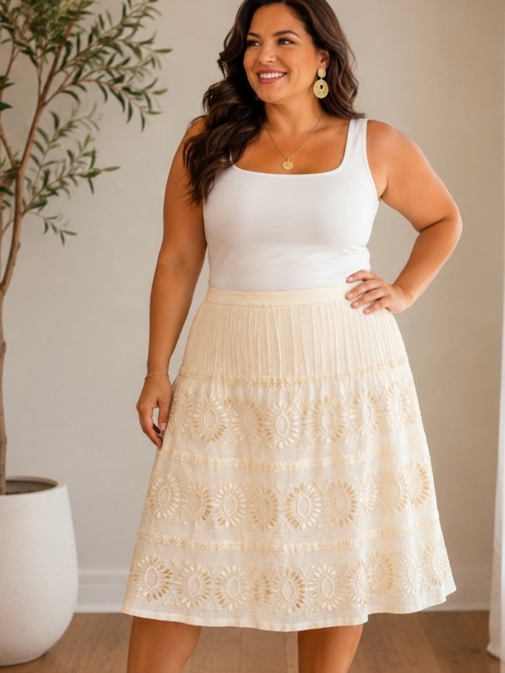 ✨ Embroidered Linen Blend Skirt | Fully Lined | Boho Cottage Chic | Size 14 ✨